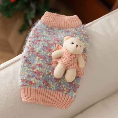 Autumn and Winter Pet Sweaters, Three-Dimensional Bear Floral Yarn, Small and Medium-Sized Dog Bichon Frise...