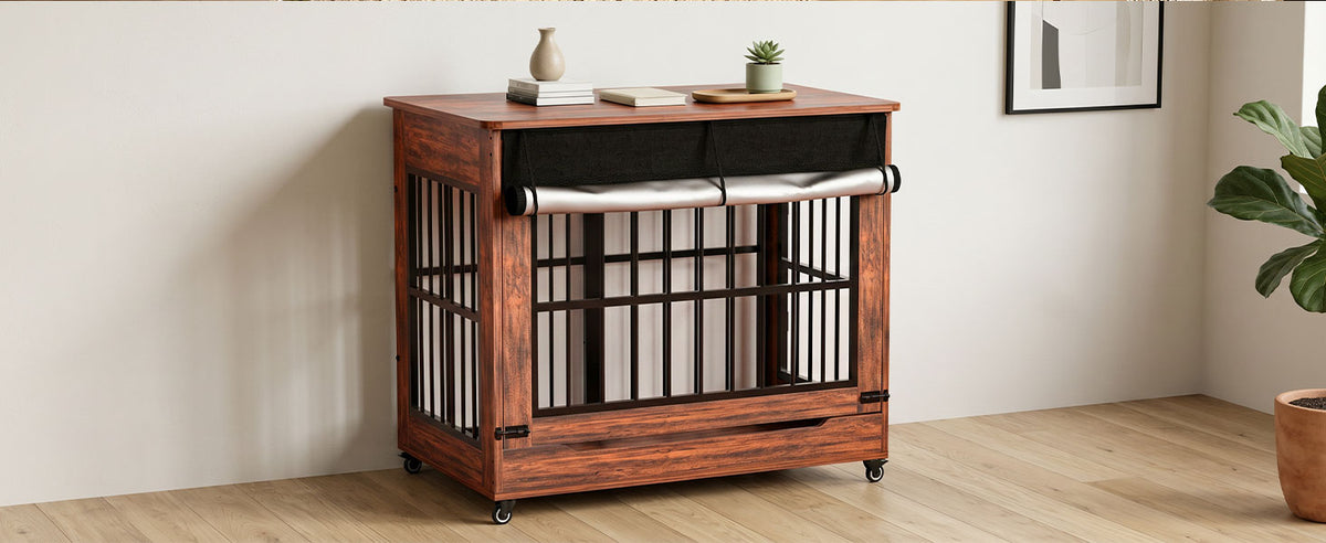 46in Large Dog Crate Furniture, Double Door Wooden Indoor Dog Kennel Furniture, Decorative Pet Cage End Table With Wheels For Extra Large Breed Dogs, Size 2XL, Greige