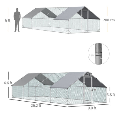Large Chicken Coop Metal Chicken Run with Waterproof and Anti-UV Cover, Spire Shaped Walk in Fence Cage Hen House for Outdoor and Yard Farm Use, 1" Tube Diameter, 9.8 x 26.2 x 6.6