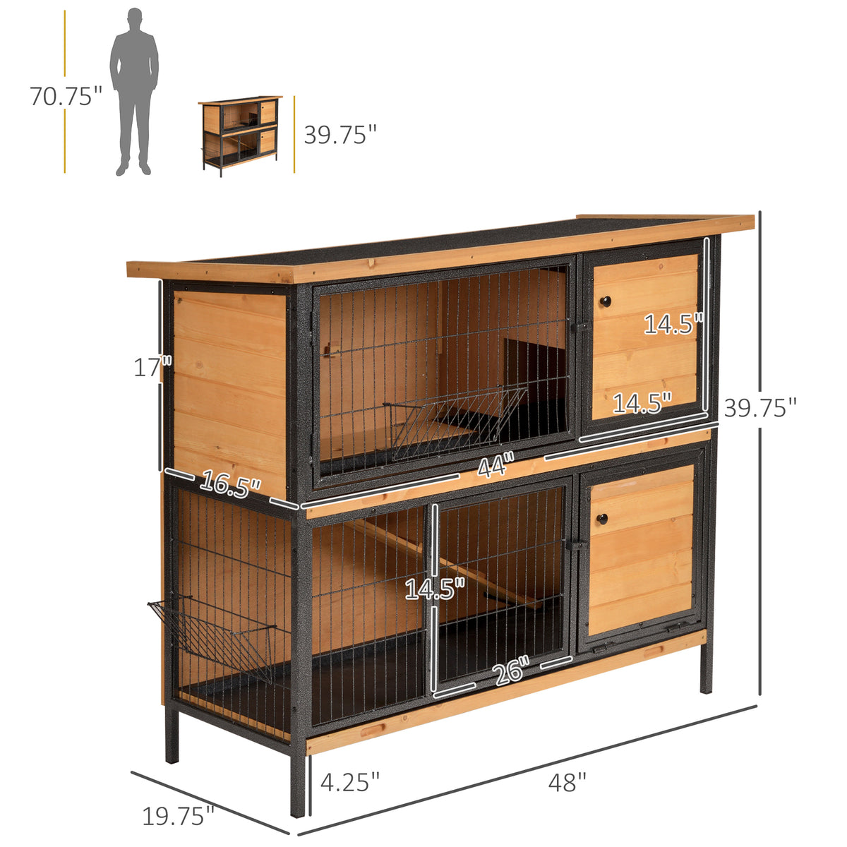 48" 2-Story Large Rabbit Hutch Bunny Cage Wooden Pet House Metal Frame with Rooms, Ramp, No Leak Tray, Feeding Trough, Waterproof Asphalt Roof for Rabbits, Chickens, Ducks, Outdoor/Indoor