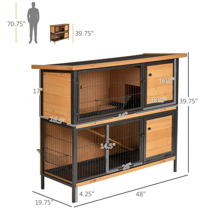 48" 2-Story Large Rabbit Hutch Bunny Cage Wooden Pet House Metal Frame with Rooms, Ramp, No Leak Tray, Feeding Trough, Waterproof Asphalt Roof for Rabbits, Chickens, Ducks, Outdoor/Indoor