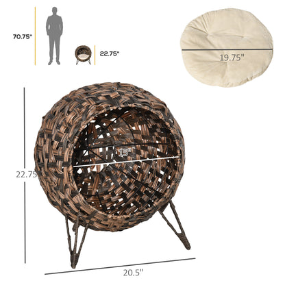 20.5" Weaved Cat Bed, Elevated Hand-woven Braided Banana Leaf Kitten House Condo with Cushion, Brown