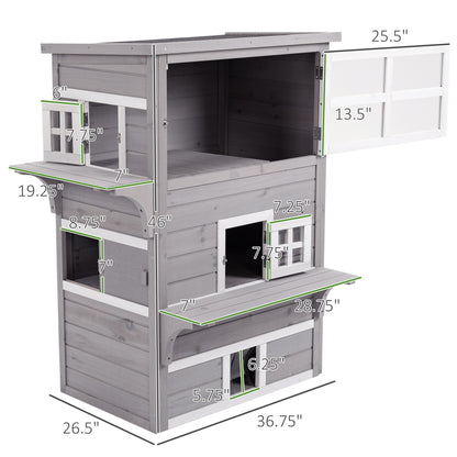 Outdoor Cat House, 3-Tier Kitty Shelter with 5 Escape Doors, Weather Resistant, Gray & White