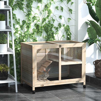 Rabbit Hutch with Wheels, Desk and Side Table Sized, Wooden Rabbit Cage, Waterproof Small Bunny Cage with Removable Tray, Openable Roof, for Rabbits, Chickens, Ducks, Indoor/Outdoor, Natural