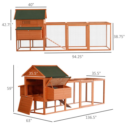 136.5" Chicken Coop Wooden Large Chicken House Deluxe Rabbit Hutch Lockable Poultry Hen Cage Backyard with Nesting Box and Run