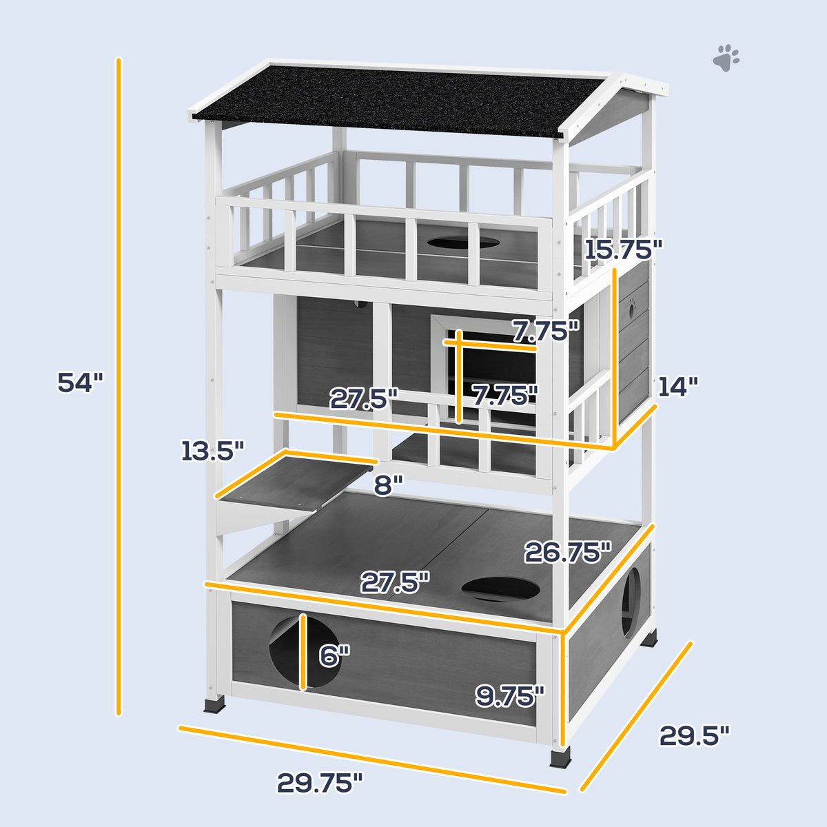 Wooden Outdoor Cat House with Asphalt Roof, Escape Doors, Condo, Jumping Platform, Light Gray
