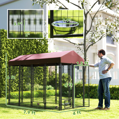 Outdoor Dog Kennel with Rotating Bowl Holders, Walk-in Pet Playpen with Waterproof Cover, 8 x 4 x 6, Red