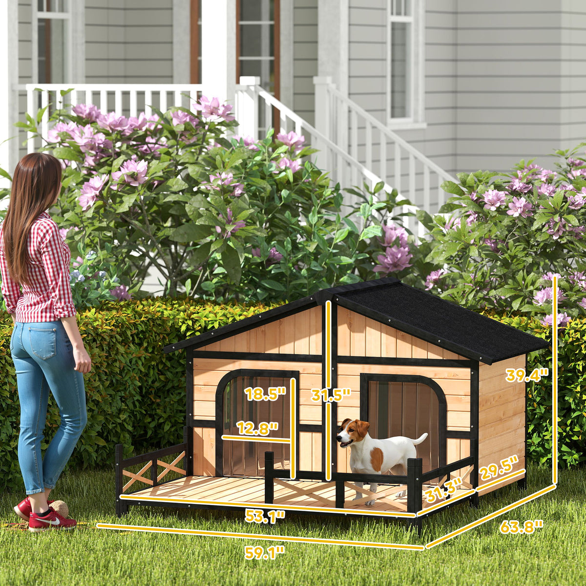Dog House Outdoor, Wooden Dog Kennel Weatherproof with Porch, Openable Roof, Removable Bottom, Elevated Floor, Double Room for 2 Small to Medium Breeds, Natural