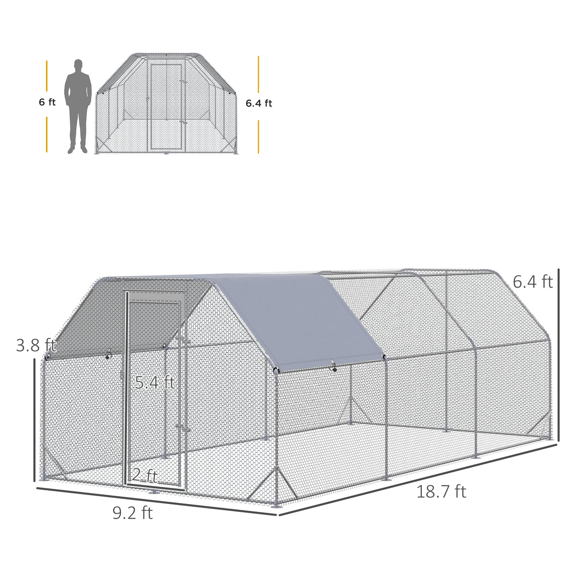 9.2 x 18.7 x 6.4 Large Chicken Coop Metal Chicken Run with Waterproof and Anti-UV Cover, Flat Shaped Walk in Fence Cage Hen House for Outdoor and Yard Farm Use, 1" Tube Diameter