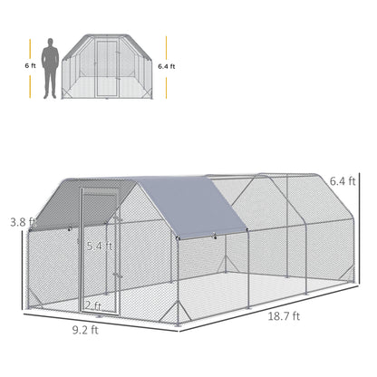 9.2 x 18.7 x 6.4 Large Chicken Coop Metal Chicken Run with Waterproof and Anti-UV Cover, Flat Shaped Walk in Fence Cage Hen House for Outdoor and Yard Farm Use, 1" Tube Diameter