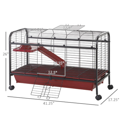 41"L Small Animal Cage, Pet Play House for Rabbit Hutch Ferret with Feeder, Rolling Wheels, Platform, Ramp