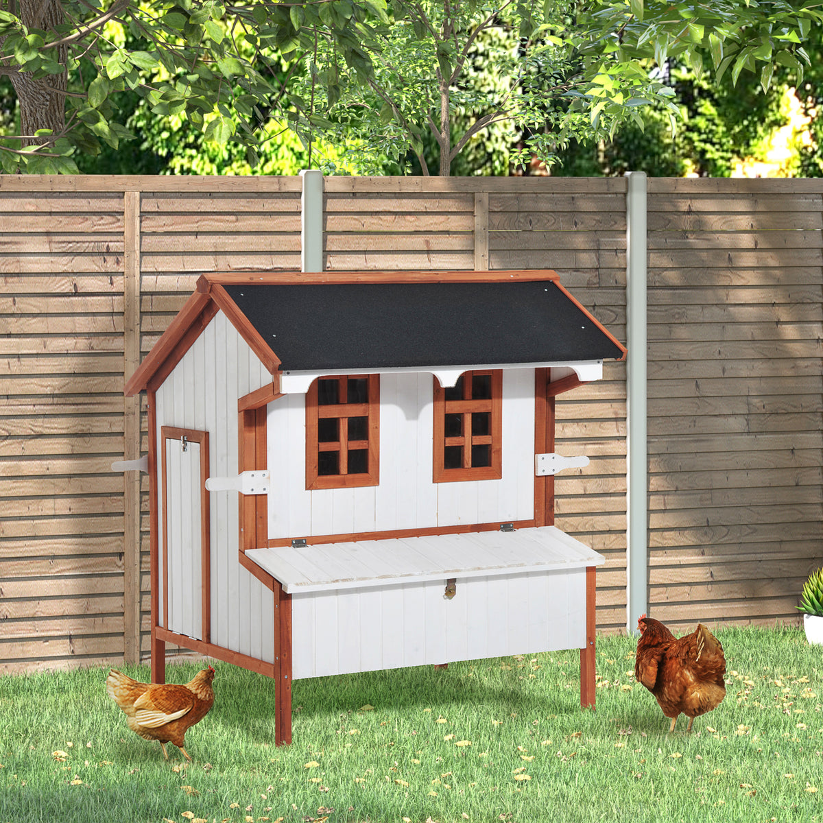 47" Chicken Coop, Wooden Chicken House Raised Rabbit Hutch with Waterproof Roof, Nesting Box and Handles for 3-5 Hens, Poultry Cage Portable Hen Pen for Backyard