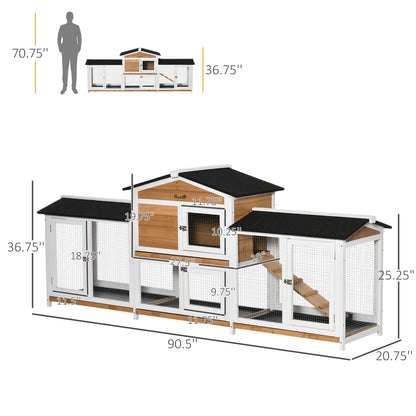 90.5" Wooden Rabbit Hutch Bunny Cage Pet Playpen House Enclosure with Double Side Run Boxes, No Leak Tray, Ramp, for Rabbits, Chickens, Ducks, Guinea Pig and Small Animals, White