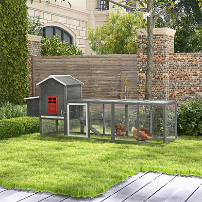 118" Extra Large Chicken Coop with Asphalt Roof, Wooden Hen Run with Slide-Out Tray and Nesting Box, Chicken Hutch for 3-6 Chickens, Gray