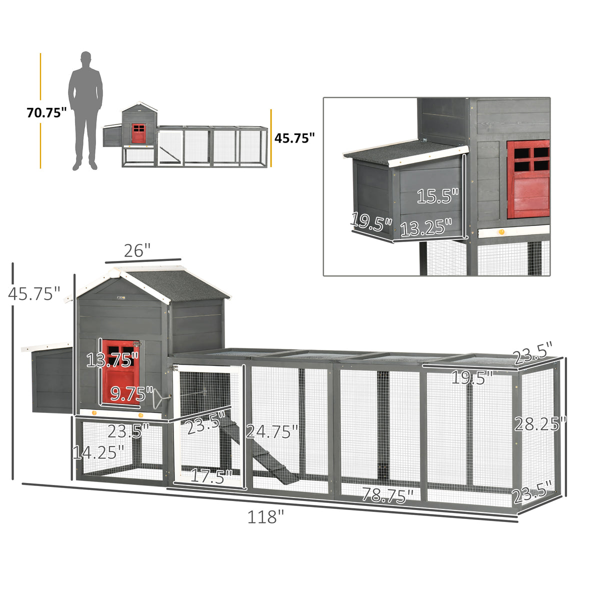 118" Extra Large Chicken Coop with Asphalt Roof, Wooden Hen Run with Slide-Out Tray and Nesting Box, Chicken Hutch for 3-6 Chickens, Gray