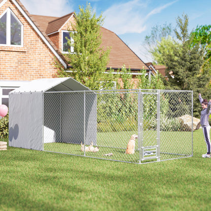 Galvanized Chain Link Large Outdoor Dog Kennel with Waterproof & UV-Resistant Cover, for M&L Dogs, 19.7 x 7.5 x 7.5
