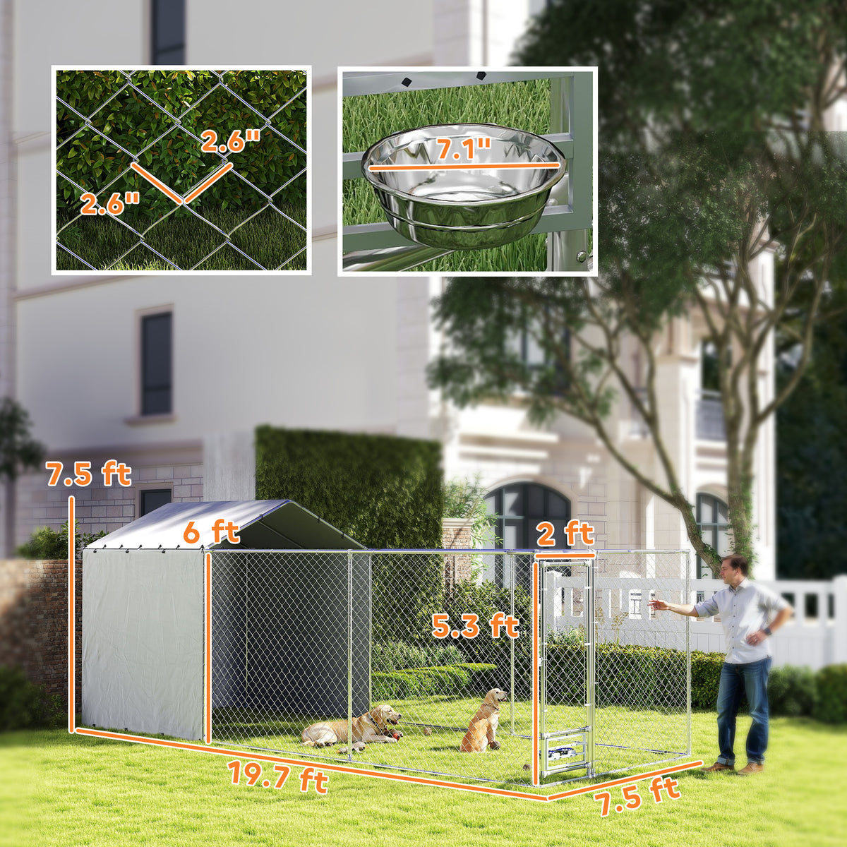 Galvanized Chain Link Large Outdoor Dog Kennel with Waterproof & UV-Resistant Cover, for M&L Dogs, 19.7 x 7.5 x 7.5