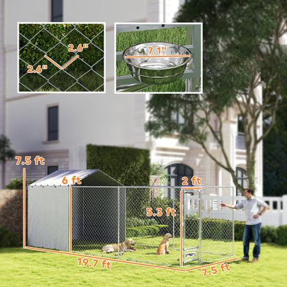 Galvanized Chain Link Large Outdoor Dog Kennel with Waterproof & UV-Resistant Cover, for M&L Dogs, 19.7 x 7.5 x 7.5