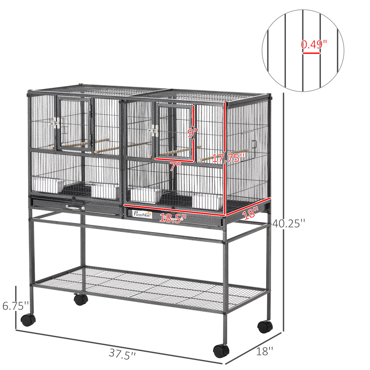 Divided Breeder Bird Cage with Rolling Stand Removable Metal Tray, Storage Shelf, Wood Perch, and Food Container