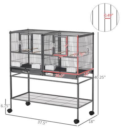 Divided Breeder Bird Cage with Rolling Stand Removable Metal Tray, Storage Shelf, Wood Perch, and Food Container