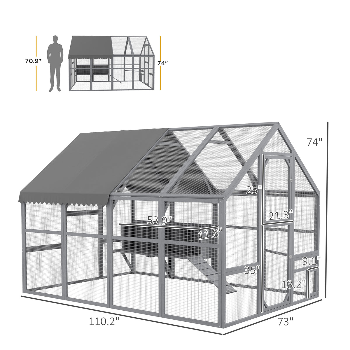 9 x 6 x 6 Large Chicken Coop with Nesting Box, Water-Resistant and Anti-UV Cover for 8-12 Chickens, Gray
