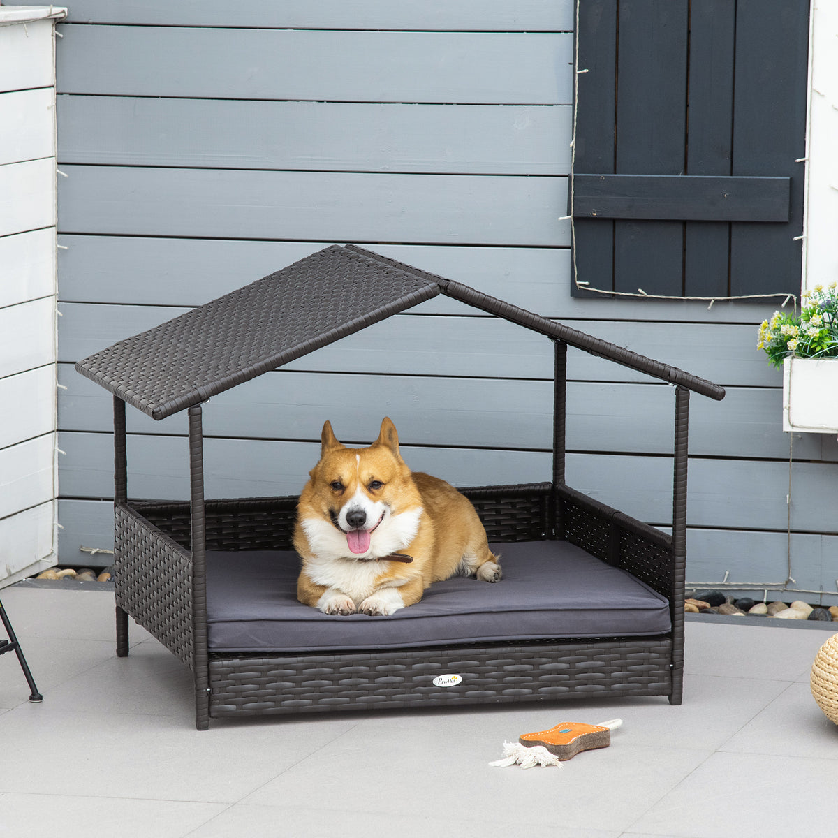 Wicker Dog House Outdoor with Canopy, Rattan Dog Bed with Water-resistant Cushion, Raised Pet Bed for Small, Medium Breeds up to 66 lbs, 20" in Length, Brown Wicker, Gray Cushion