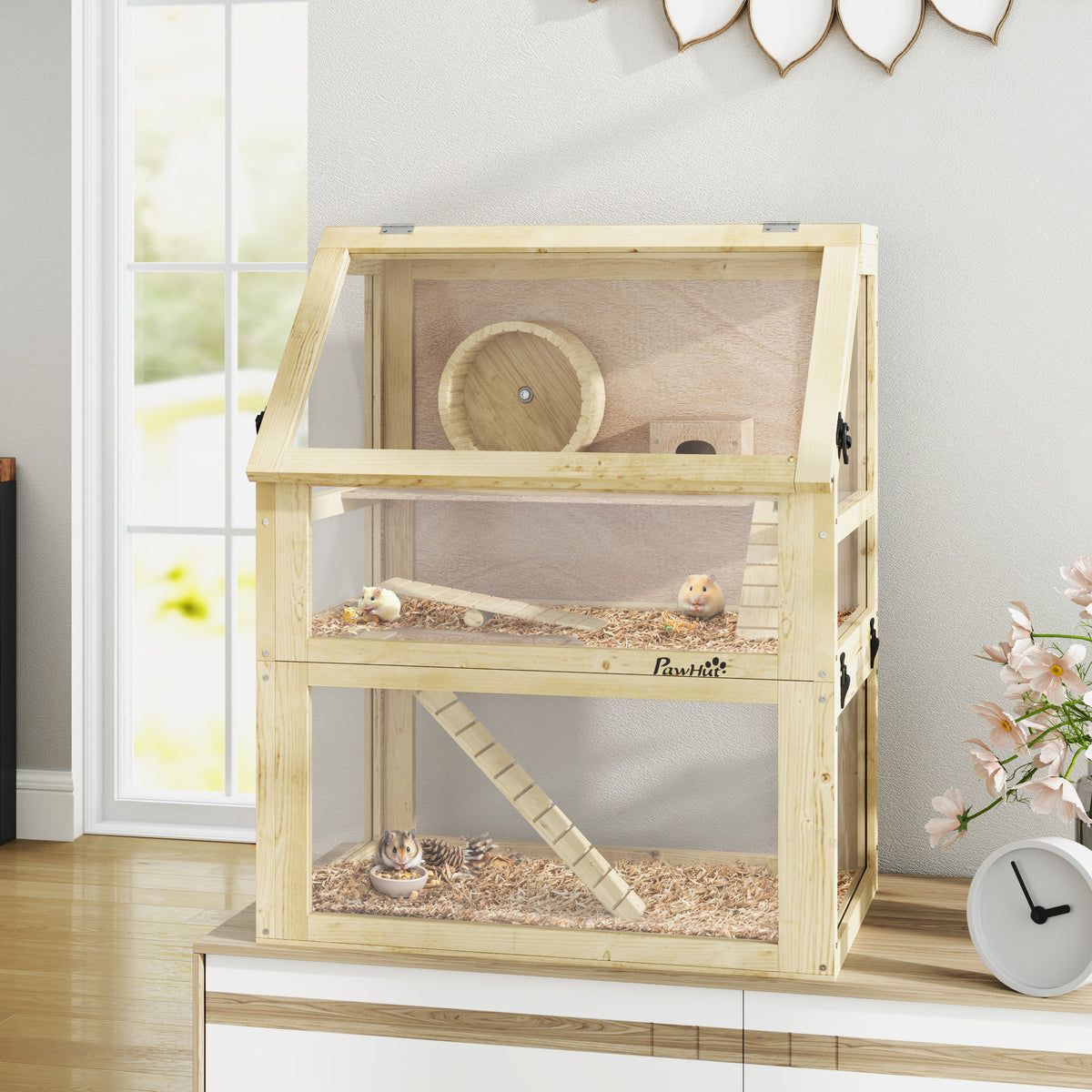 3 Tier Wooden Hamster Cage w/ Detachable Bottom, Hut, Seesaw, Exercise Wheel, Ramps, 24" x 16" x 29.5"