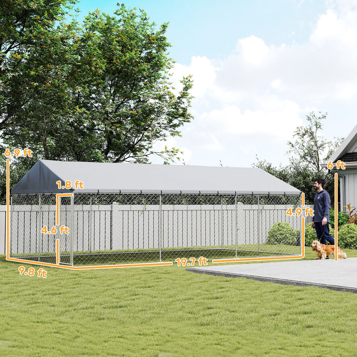 Heavy Duty Outdoor Dog Kennel with Waterproof Roof, 2 Secure Latches, Chain Link Dog Run for Backyard, 20 x 10 x 7