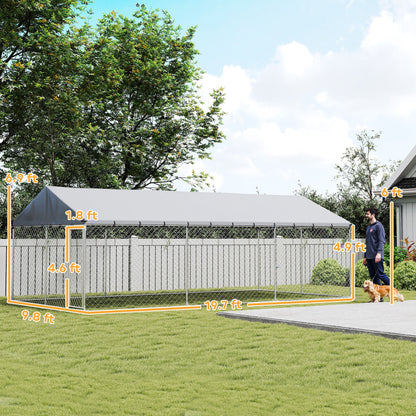 Heavy Duty Outdoor Dog Kennel with Waterproof Roof, 2 Secure Latches, Chain Link Dog Run for Backyard, 20 x 10 x 7