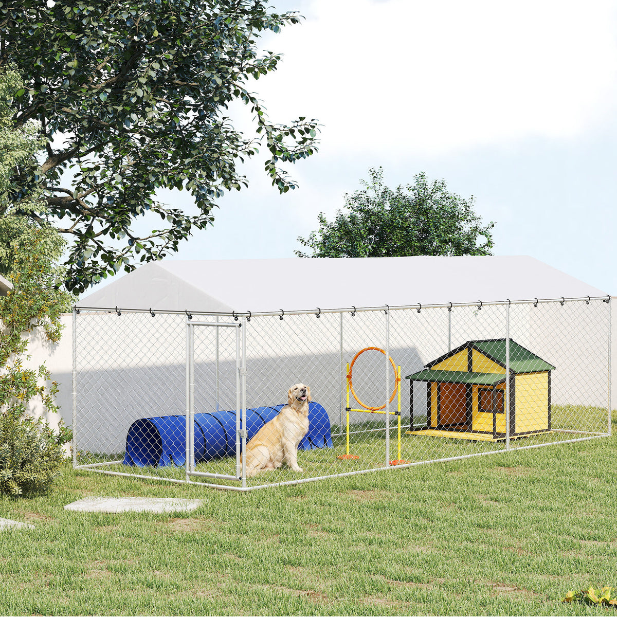 20 x 7.5 x 6.5 Dog Kennel Outdoor for Small Medium Large Dogs with Waterproof Roof, Silver