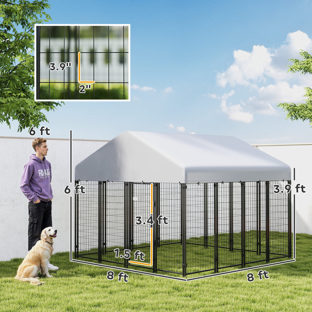 Outdoor Dog Kennel with Roof, 8 x 8 x 6 Heavy Duty Welded Wire Dog Playpen Enclosure with Escape-proof Lock