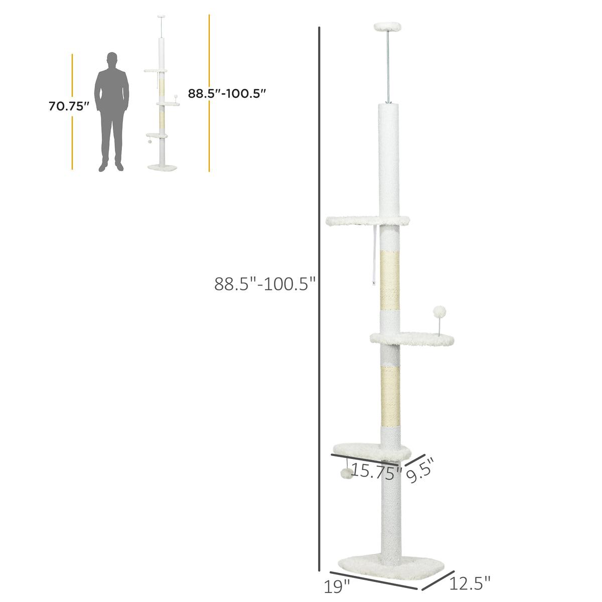 8.4 Floor to Ceiling Cat Tree, Adjustable Height, White