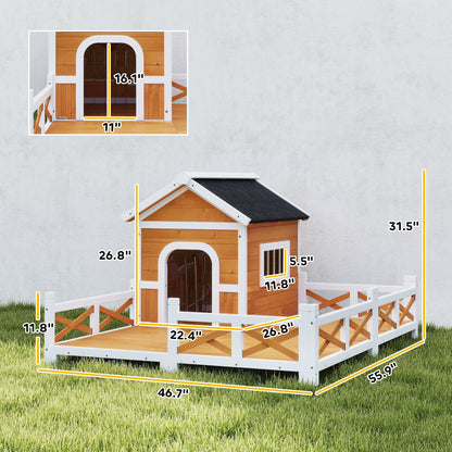 Outdoor Wooden Dog House, Dog Shelter with Large Porch, Weatherproof & Openable Roof, Elevated Base, Removable Floor