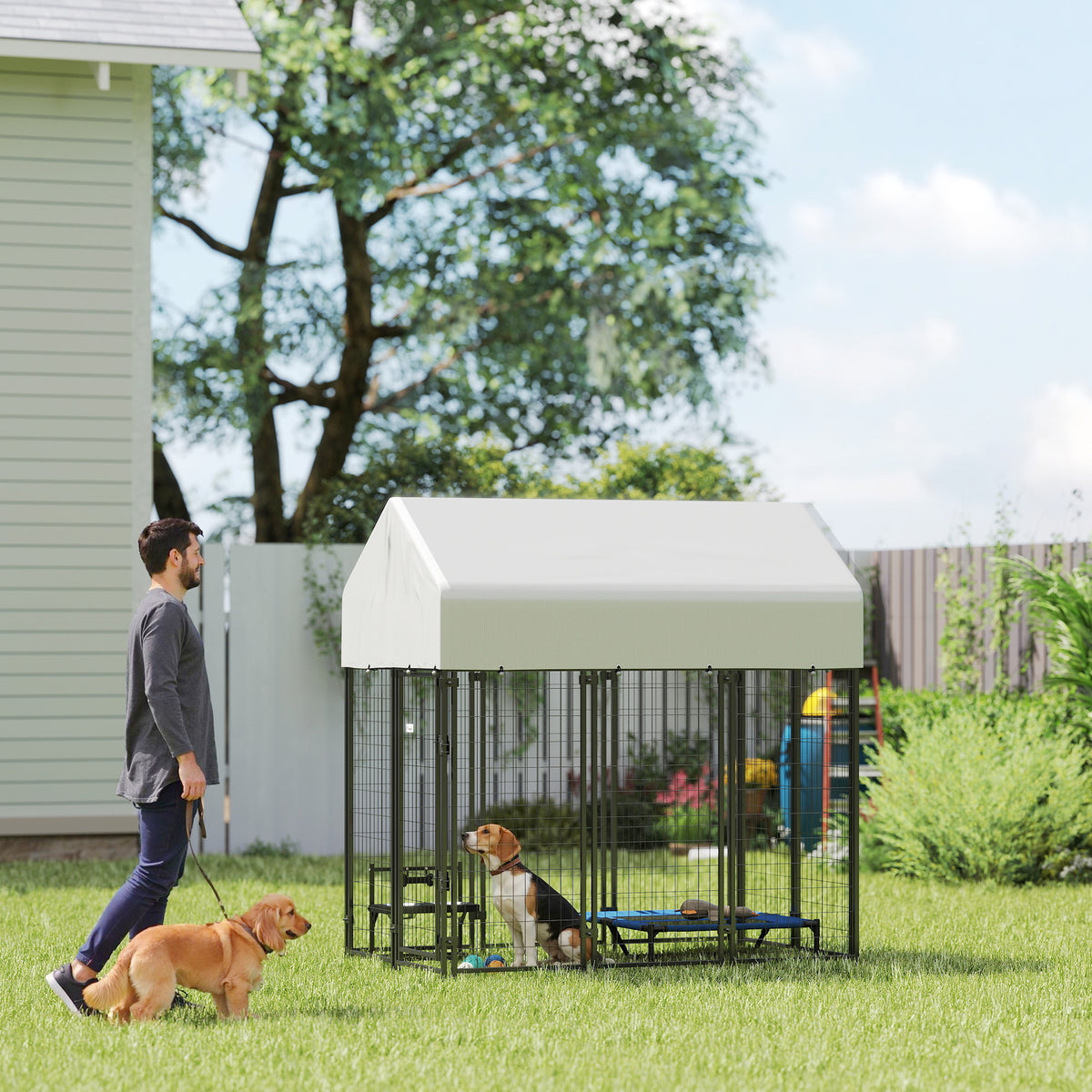 Outdoor Dog Kennel with Roof, 6 x 4 x 6 Heavy Duty Welded Wire Dog Playpen Enclosure with Escape-proof Lock