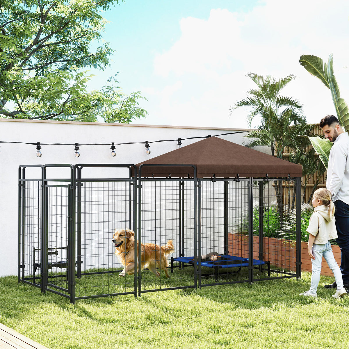 Dog Kennel Outdoor with Waterproof Canopy, Dog Run with Galvanized Chain Link, Secure Lock, for Backyard and Patio, Large and Medium Sized Breeds, Chickens, Ducks, 9.3 x 4.6 x 5.2
