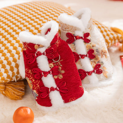 Pet New Year Tang Suit, Two-Legged Small Dog Bichon Frise, Teddy Cat, Autumn and Winter Fleece Two-Legged Cotton...