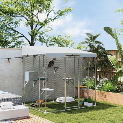 79" Galvanized Steel Large Catio with Waterproof Canopy, Sleeping Box, Jumping Platforms, for 1-3 Kittens, Silver