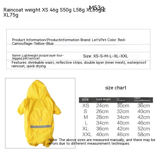 Pet Raincoat Dog Raincoat Four-leg Hooded
