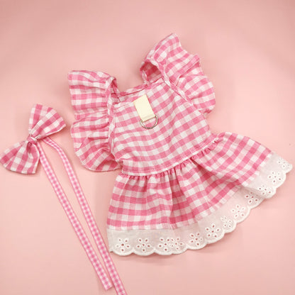 Pet Flying Shoulder Sleeve Plaid Lace Dog Skirt