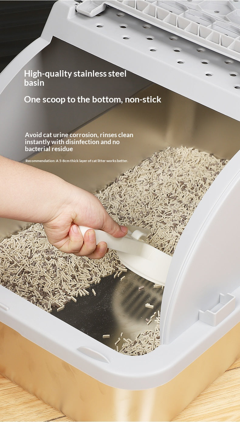 Stainless Steel Fully Enclosed Cat Litter Box Extra-Large Splash-Proof Flip-Top Design Odor-Control Cat Toilet