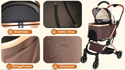 Pet Stroller for Dogs and Cats, 2-in-1 Detachable Foldable 4 Wheels Pet Stroller, Quick One-Hand Fold, Storage Basket, Detachable Carry Basket with Sun Canopy(Khaki++Gold)