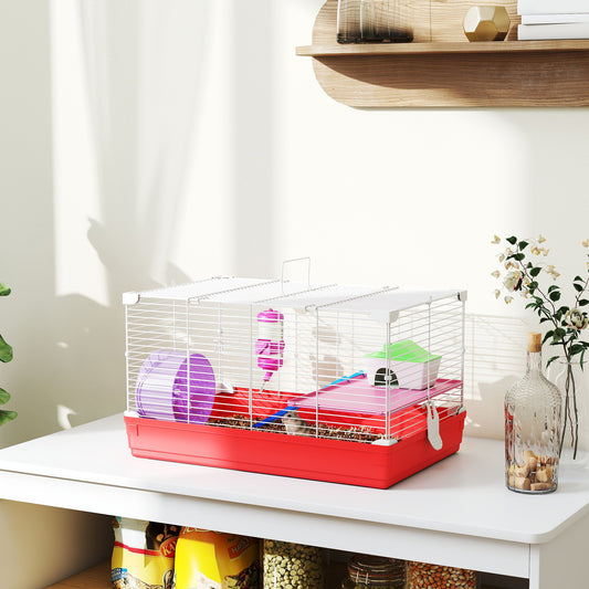18.5" Hamster Cage with Exercise Wheel and Water Bottle, Dish, Rat House and Habitat 2-Story Design, Red