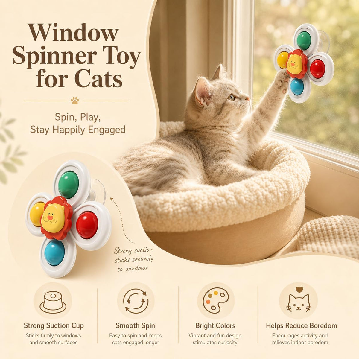 3PCS Suction Cup Cat Toy, Window Perch Companion Interactive Play Toy For Indoor Cats