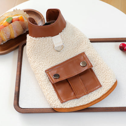 Western-Style Coffee-Colored Small Leather-Pocket Lambswool Vest - Pet Clothing