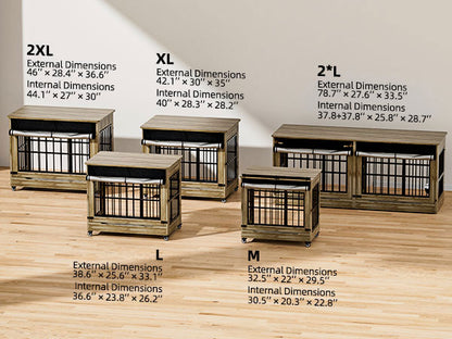 46in Large Dog Crate Furniture, Double Door Wooden Indoor Dog Kennel Furniture, Decorative Pet Cage End Table With Wheels For Extra Large Breed Dogs, Size 2XL, Greige