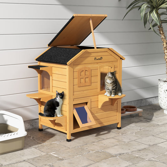 2-Story Cat House Outdoor, Weatherproof Wooden Cat Enclosure for Feral Cats with Escape Door, Openable Roof, Jumping...