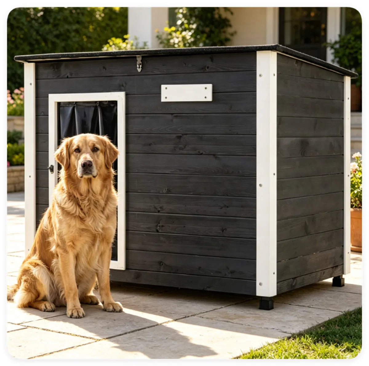 42.5" x 27" x 33.5" Outdoor Dog House with Sloped Asphalt Roof, Elevated Floor & Openable Roof Weatherproof Pet Kennel with PVC Door Curtain for Medium Large Dogs Gray