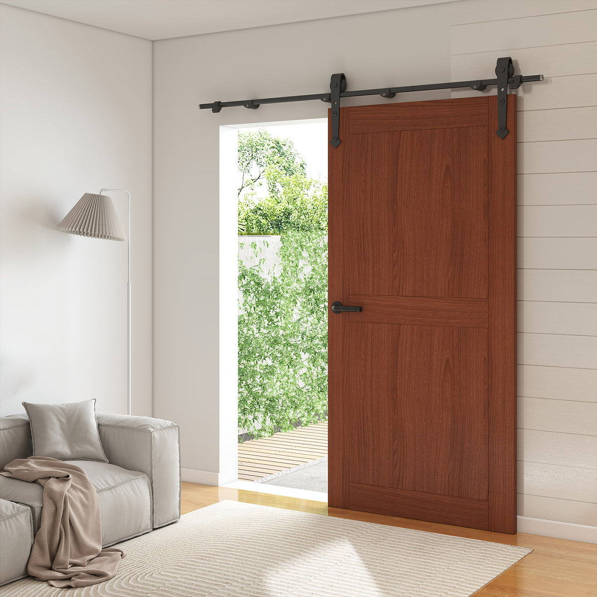 6FT Barn Door Hardware Kit Heavy Duty Sliding Door Track Kit With Floor Guide For Interior Exterior Fit 30-32in Wide Panel Sword Style J Shape Hanger