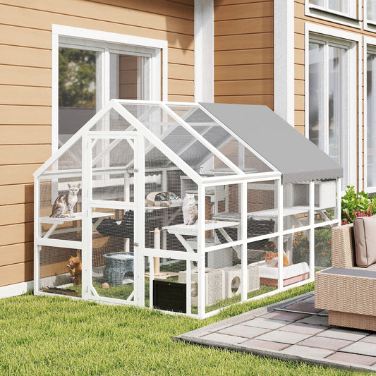 Wooden Catio Outdoor Cat Enclosure with Waterproof Cover, 2 Condos, 6 Platforms, Bridge, Doors, White
