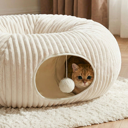 Cat Tunnel Bed With  Interactive Cat Toys, Cat Tube With Kitten Toys For Indoor Kittens, Collapsible Play Tunnel, White